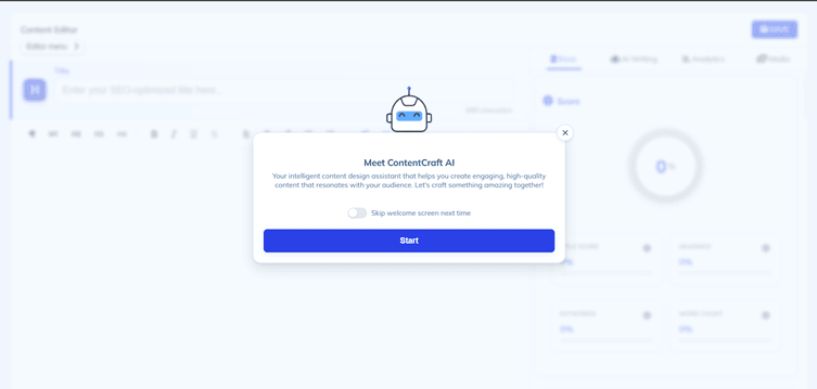 Writecream ContentCraft AI onboarding screen