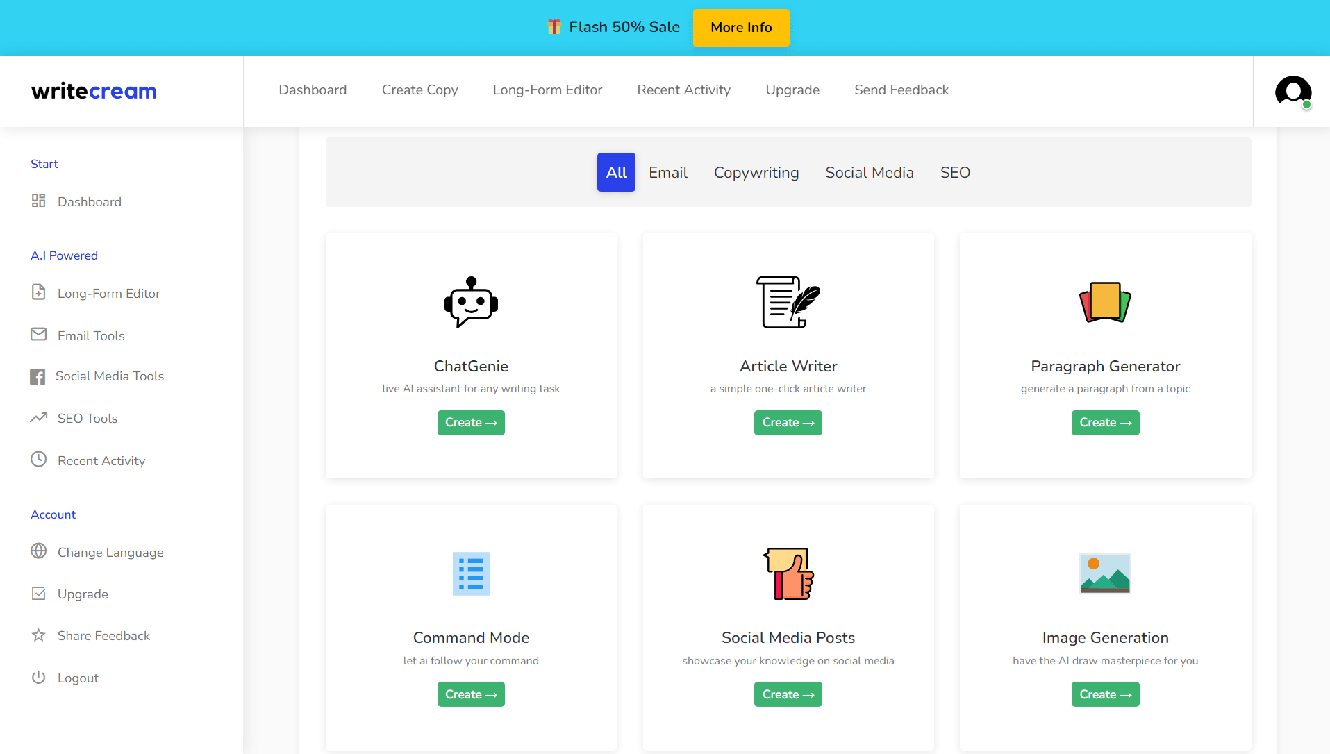 Writecream dashboard showing its AI writing tool categories