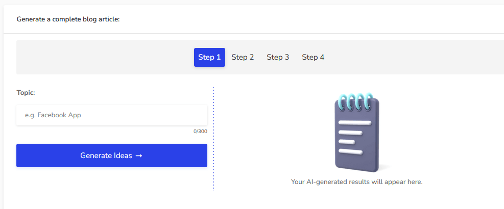 Writecream Article Writer topic and idea step