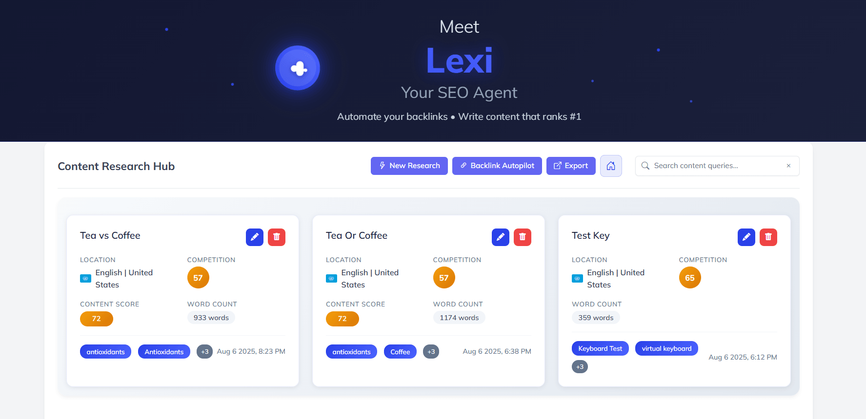 Writecream Lexi SEO agent research hub