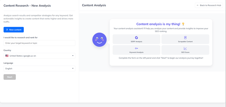 Writecream SERP analysis input for keyword, country, and language