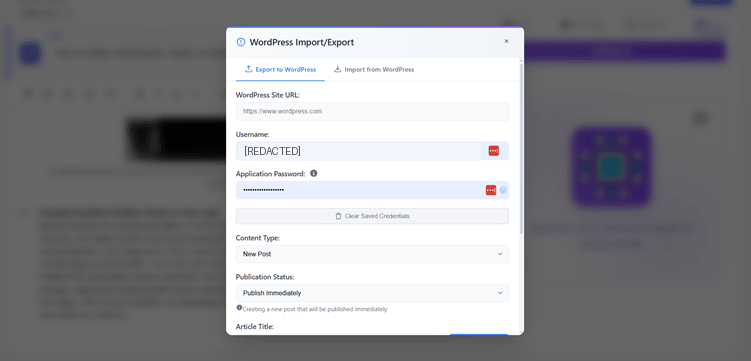 Writecream WordPress import and export setup with example identifier redacted