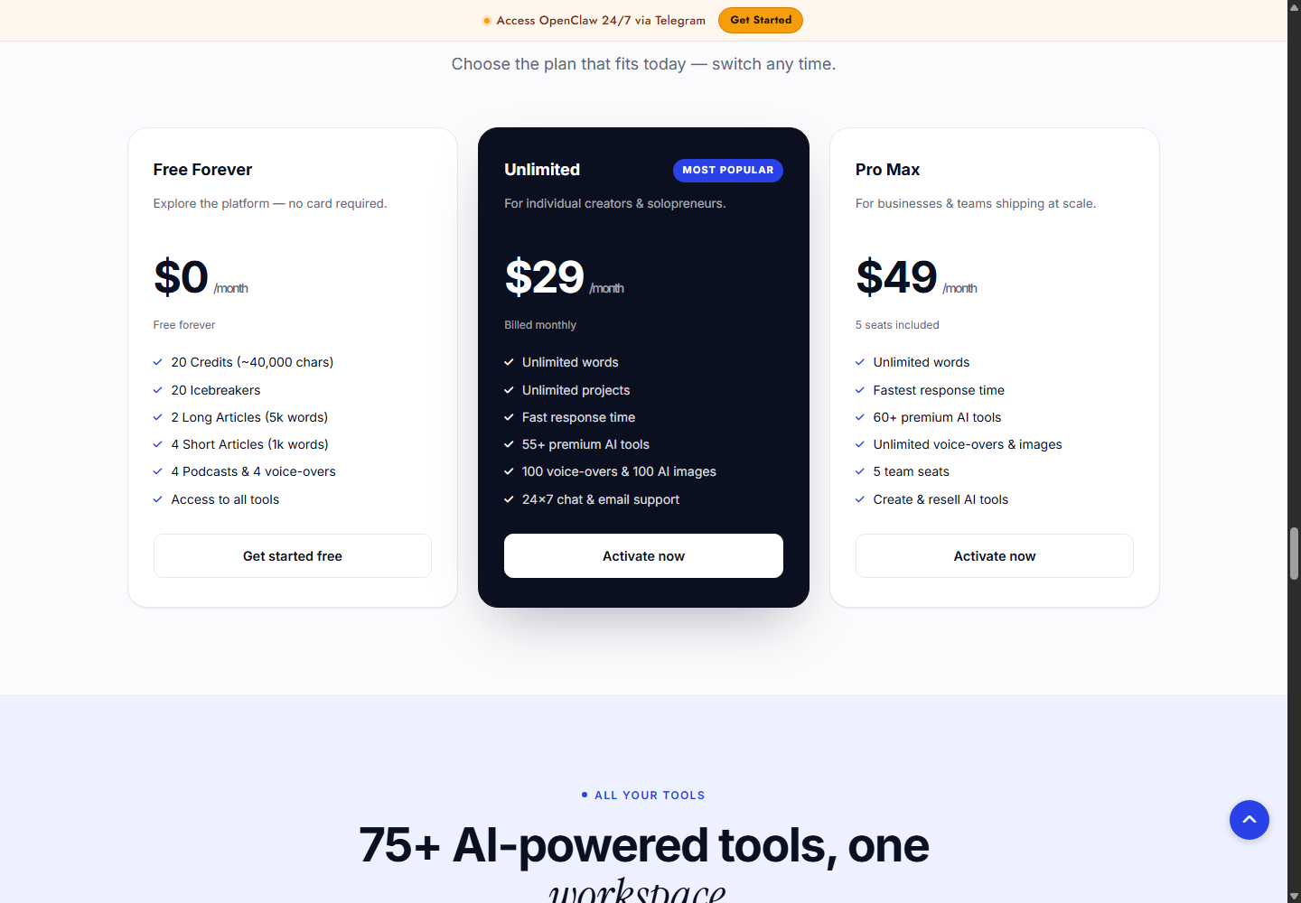 Writecream's public homepage pricing section with Free Forever, Unlimited, and Pro Max plan cards.