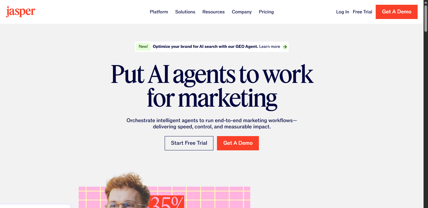 Jasper homepage positioning the product as an agent workspace for marketing teams.