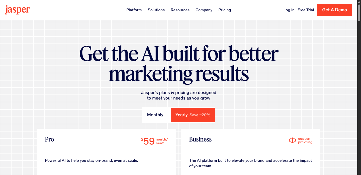 Jasper public pricing page showing the Pro tier, Business option, billing controls, and trial entry point.