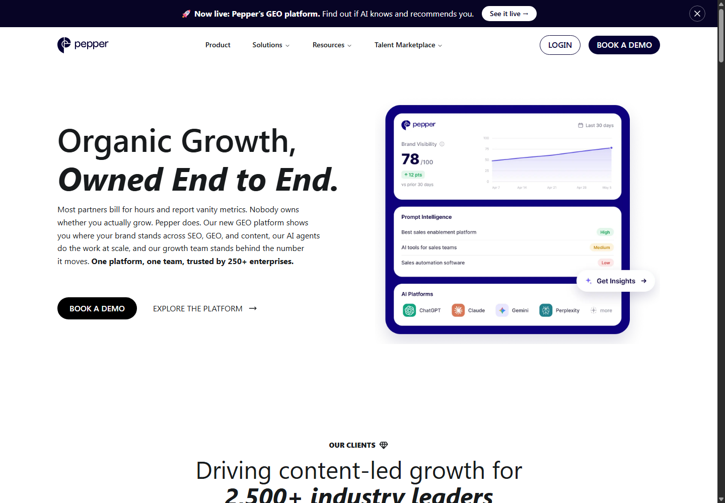 The old Peppertype domain resolving to Pepper's current organic-growth homepage.