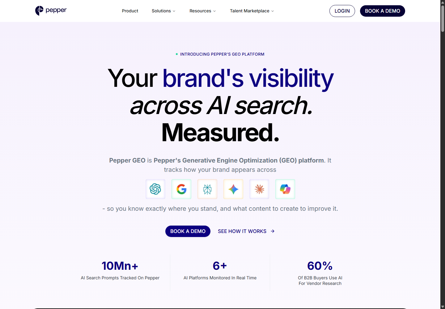 Pepper's current public platform page for GEO visibility, tracking, and organic-growth workflows.