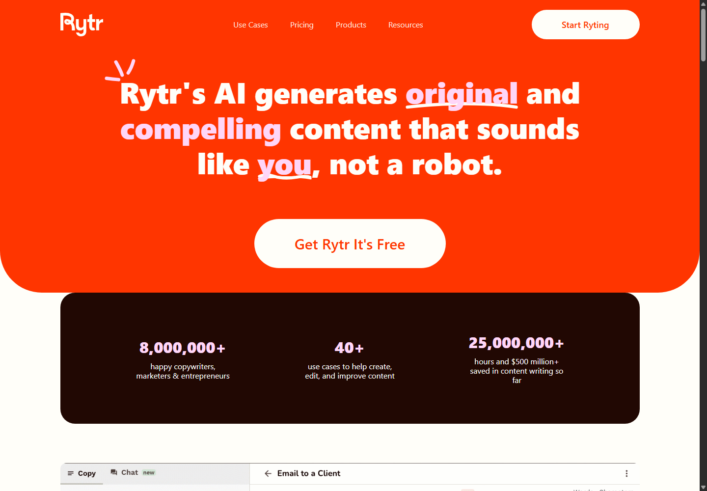 Rytr homepage describing a focused AI writing assistant with use-case and adoption claims.