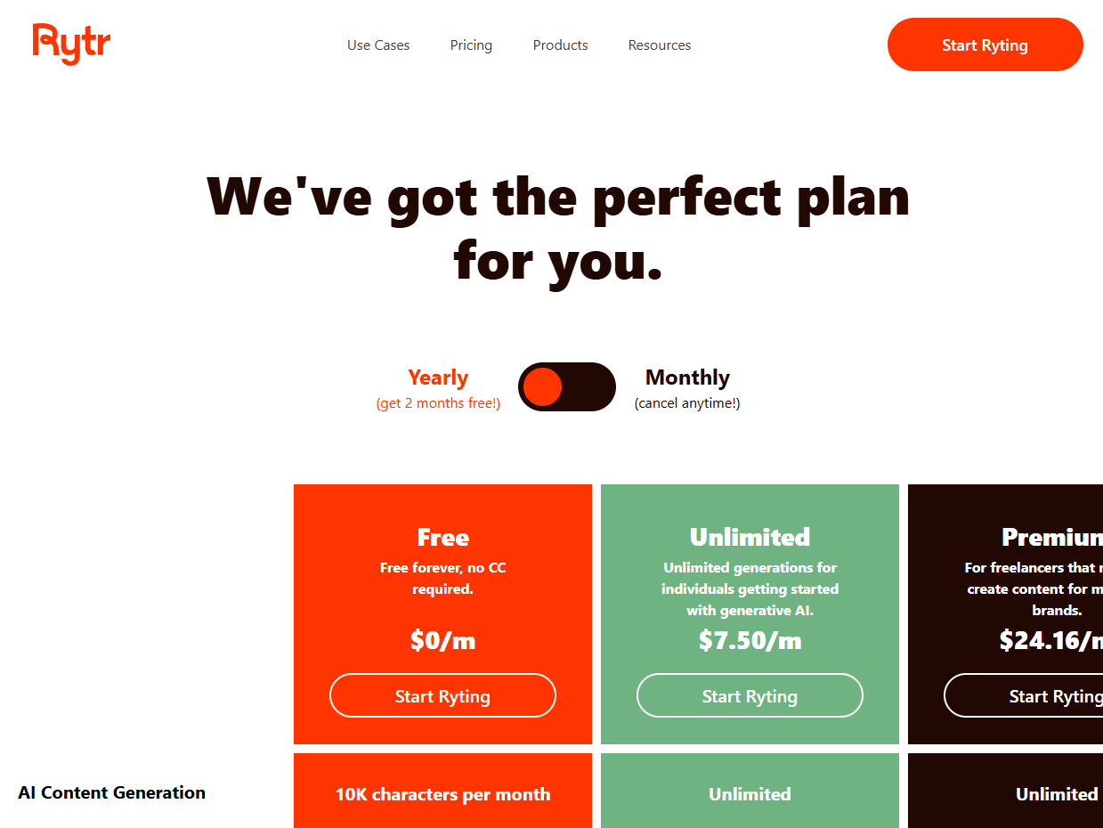 Rytr public pricing page with Free, Unlimited, and Premium plan columns.