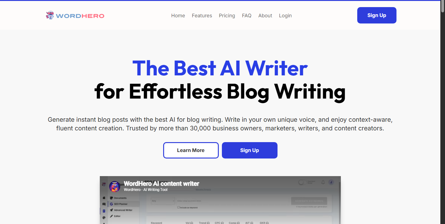 WordHero's current homepage positioning around blog writing, context, and a user's voice.