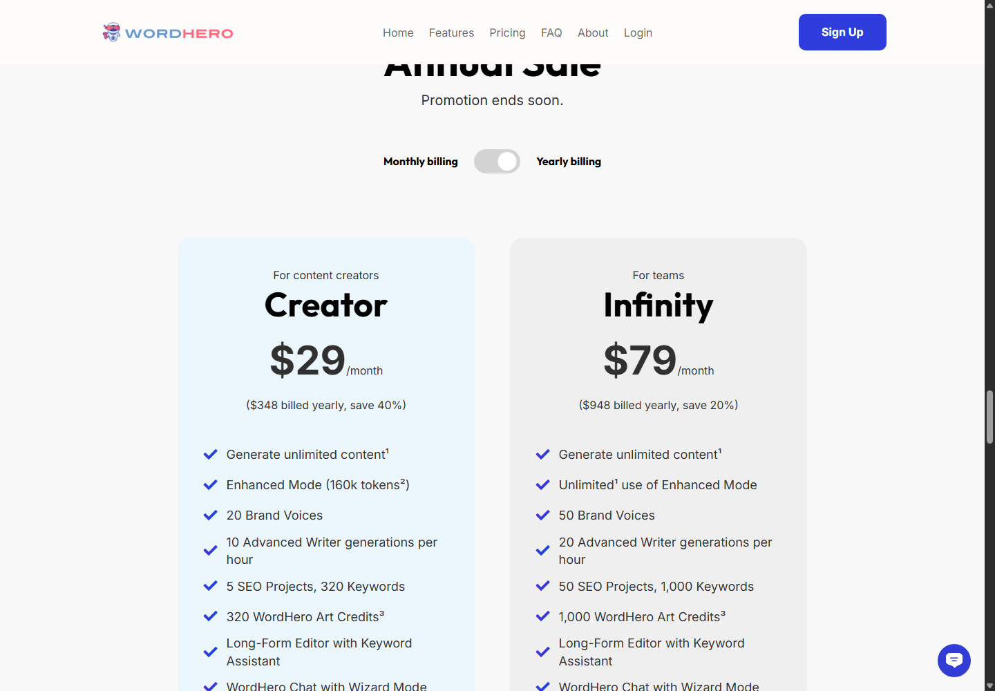 WordHero's stateful pricing section with Creator and Infinity plan allowances.