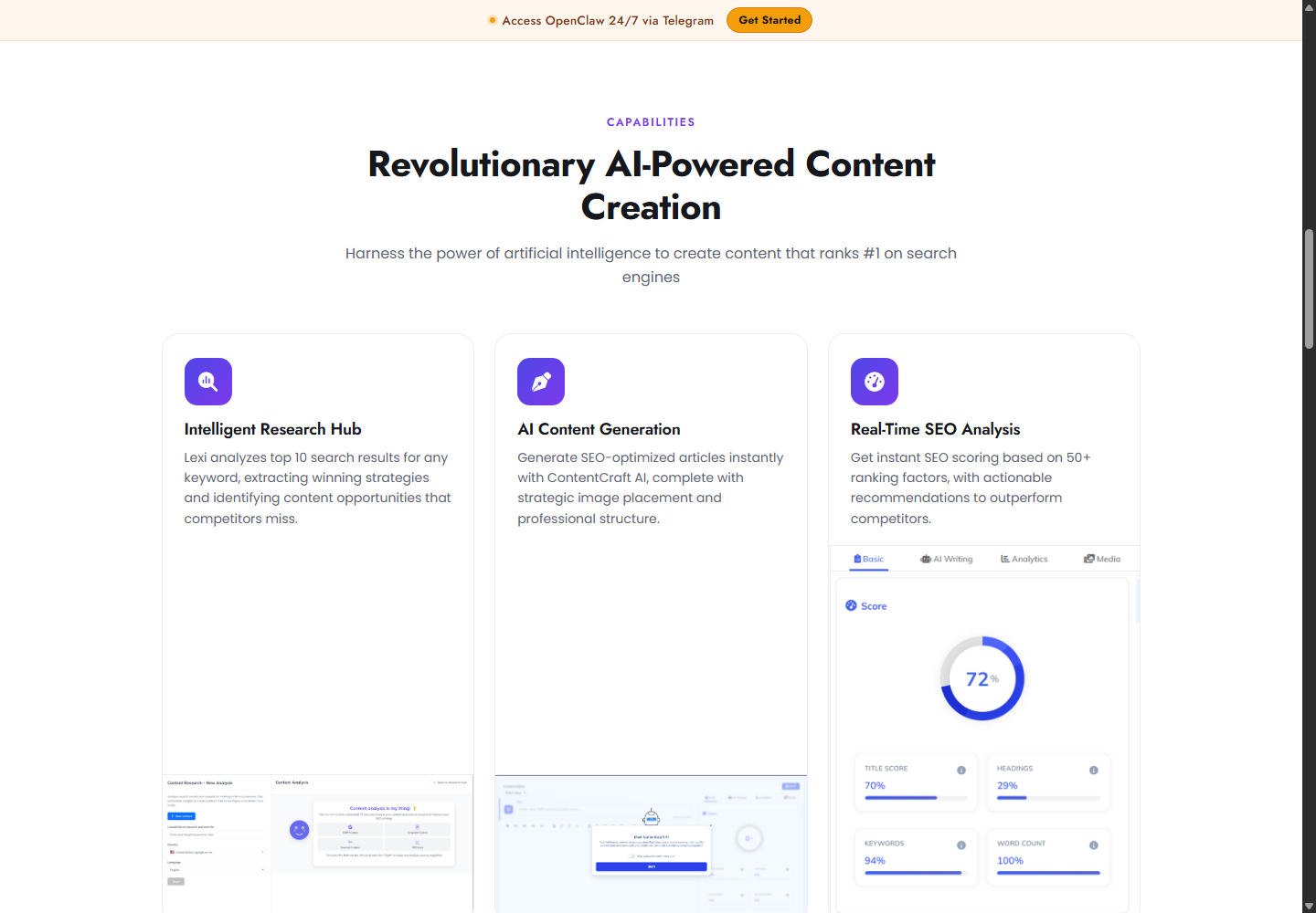 Writecream Lexi interface with query, location, competitor, and export controls.