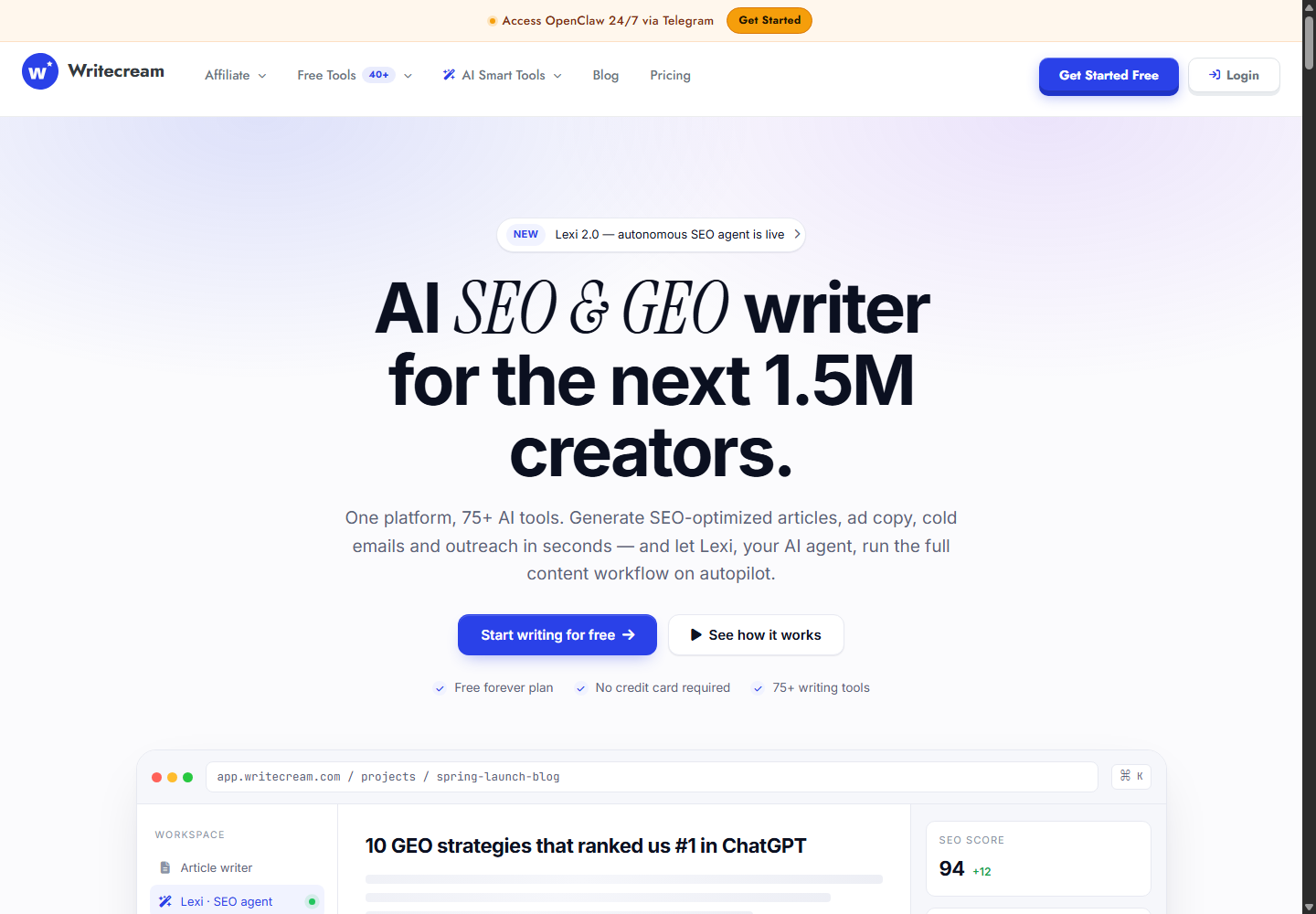 Writecream homepage positioning its current suite around SEO, GEO, writing, outreach, and media.