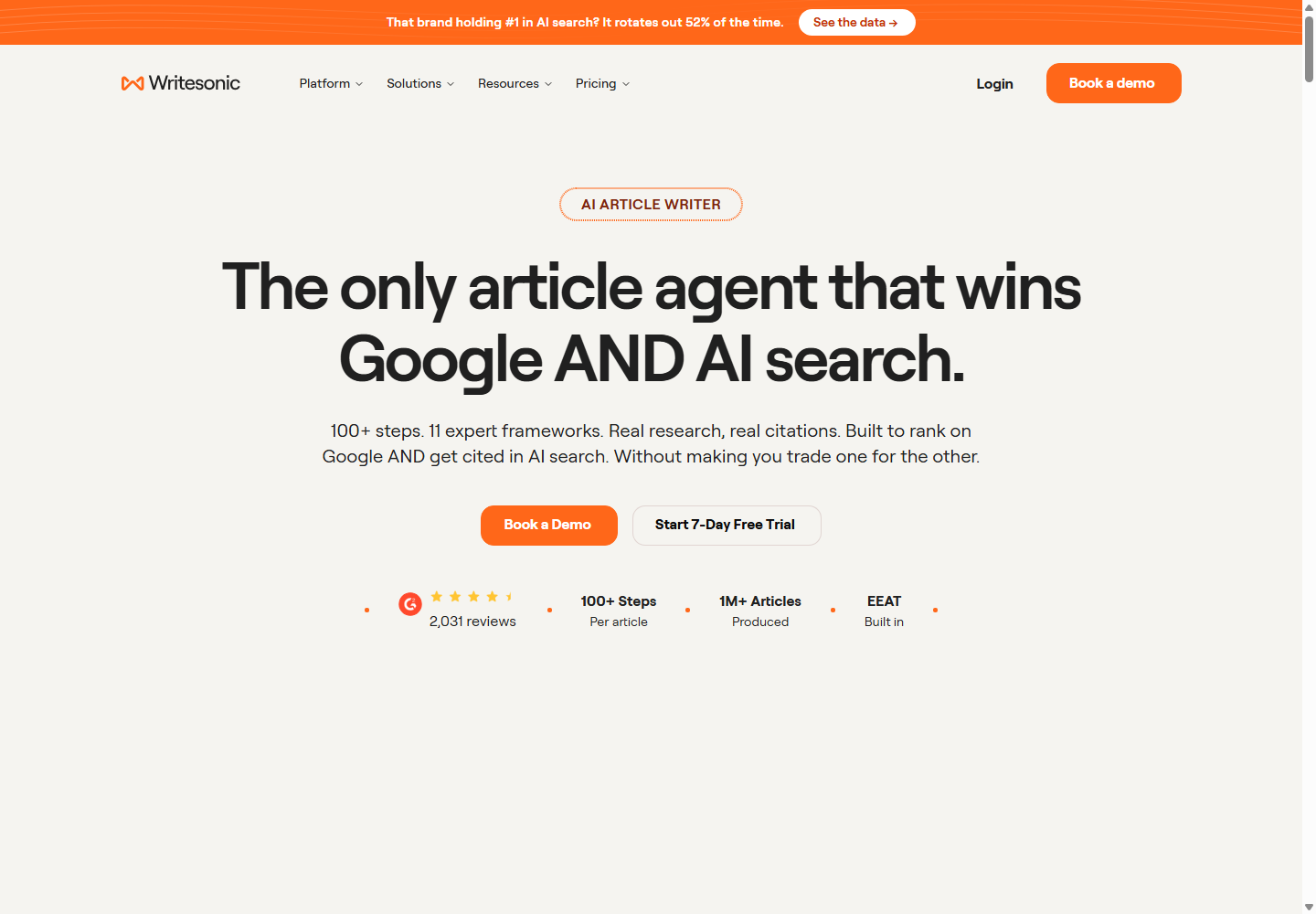 Writesonic AI Article Writer page describing its research, citation, and workflow architecture.