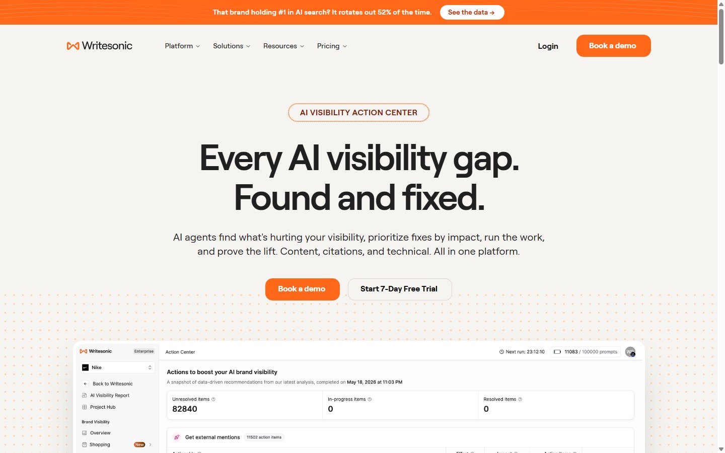 Writesonic AI visibility Action Center