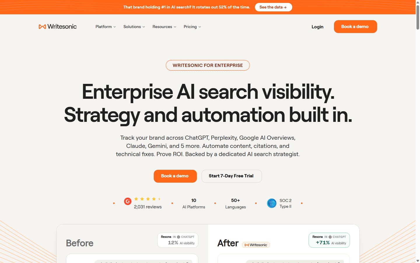 Writesonic public enterprise page describing AI-search governance and security options