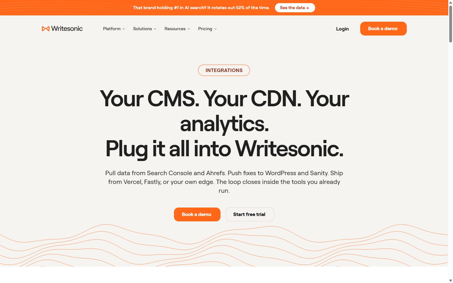 Writesonic public integrations page for CMS, CDN, analytics, data, and API options